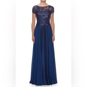 NWT La Femme Floor Length Gown, Navy Blue. Floral lace detail.
